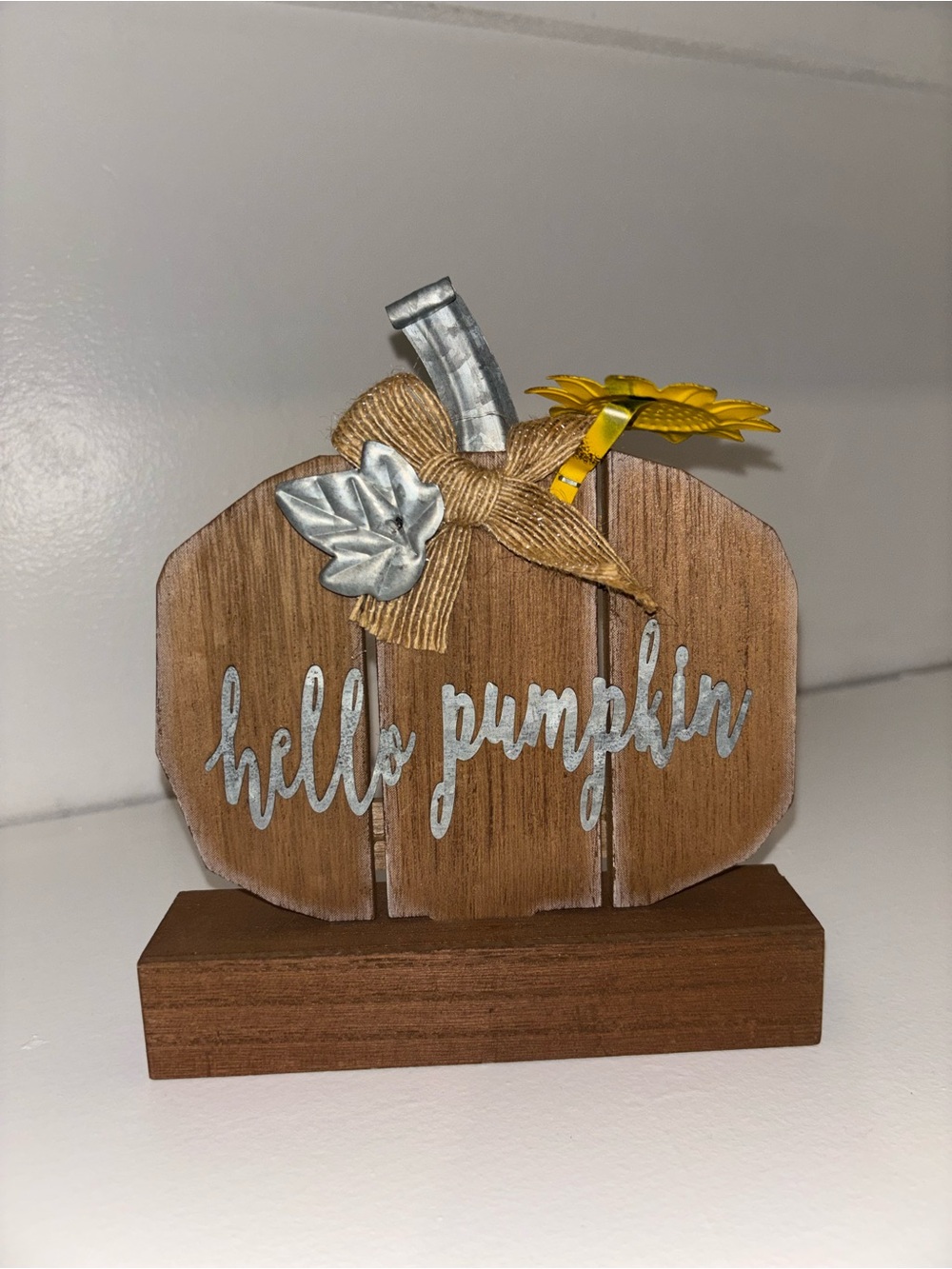Wooden 'Hello Pumpkin' Tabletop Pumpkin Sign - Brown & Silver Accents